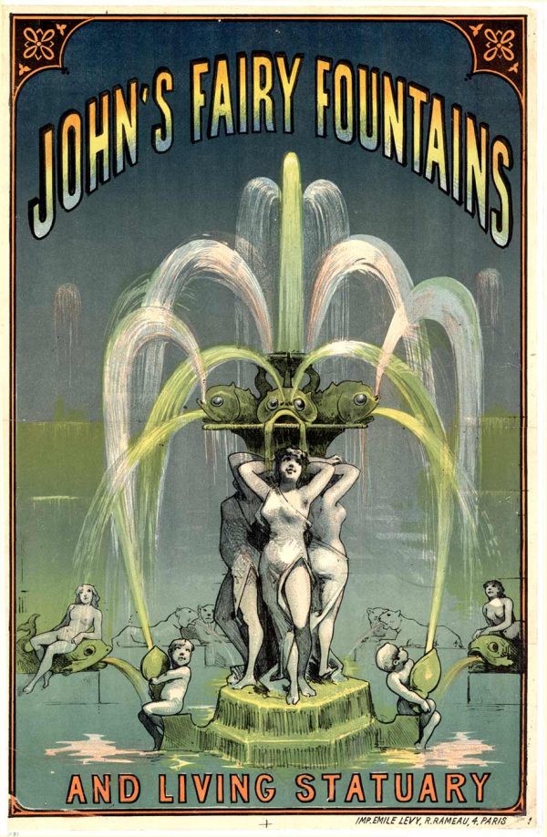 Original c.1900 John's Fairy Fountains poster Imp. Emile Levy Paris, three nymphs fountain pink green jets, linen-backed litho