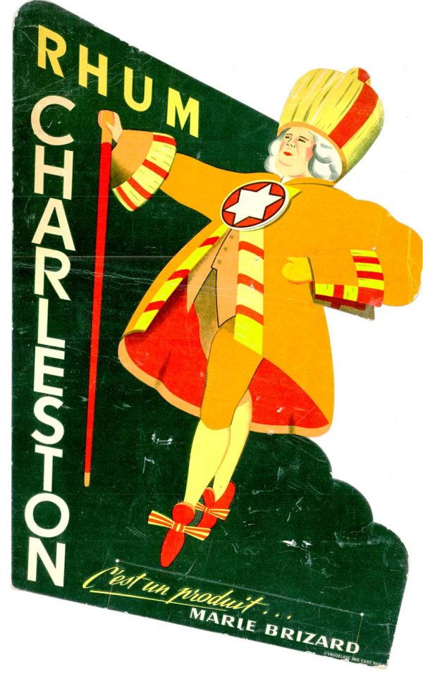 Original Jean d'Ylen Charleston standee poster, colonial crier yellow red coat star badge staff, diecut display folds, rare Art Deco