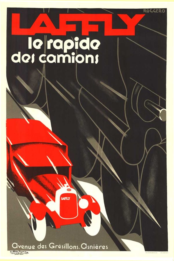Roggero "Le Rapide des Camions" 1930s design, Laffly vintage poster featuring bold red truck in Art Deco style, linen-backed original, Grade A condition