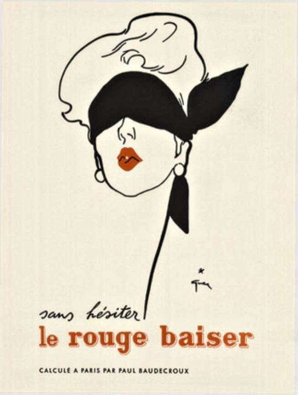 1949 Rene Gruau Le Rouge Baiser vintage poster, blindfolded woman with red lips, linen backed French lipstick art