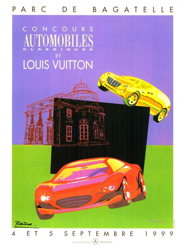 1999 Razzia Louis Vuitton Parc de Bagatelle vintage poster, red and yellow classic cars, hand signed by artist