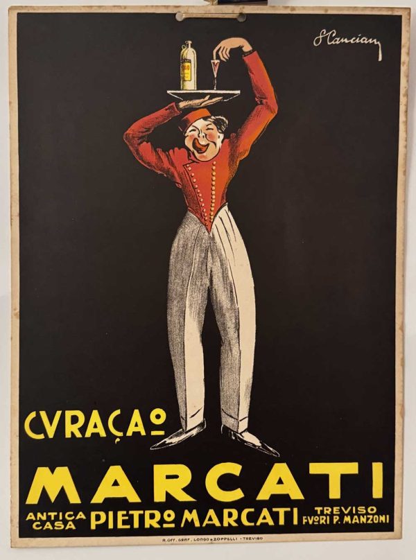 "Art Deco poster for Curaçao Marcati by Sante Cancian, c. 1925. Stylized figure in red jacket holding bottle, Italian lithograph from Treviso."
