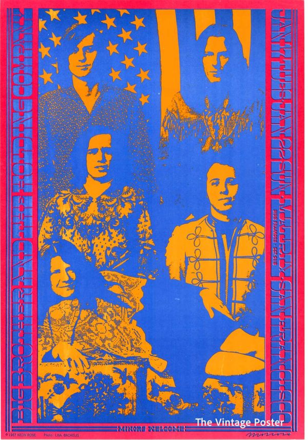 1967 Victor Moscoso Big Brother Neon Rose vintage poster, Janis Joplin lower left, orange on blue, magenta borders - very fine
