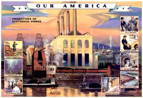 Original 1943 Coca-Cola "Our America Electricity" vintage poster featuring dramatic coal power plants and industrial harbor scene with sunset sky; authentic Grade A linen-backed educational print from rare Coca-Cola series.